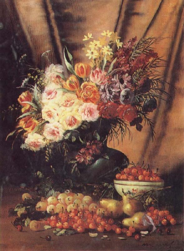 Modeste Carlier A Still life with Assorted Flowers,Cherries Pears and Quince